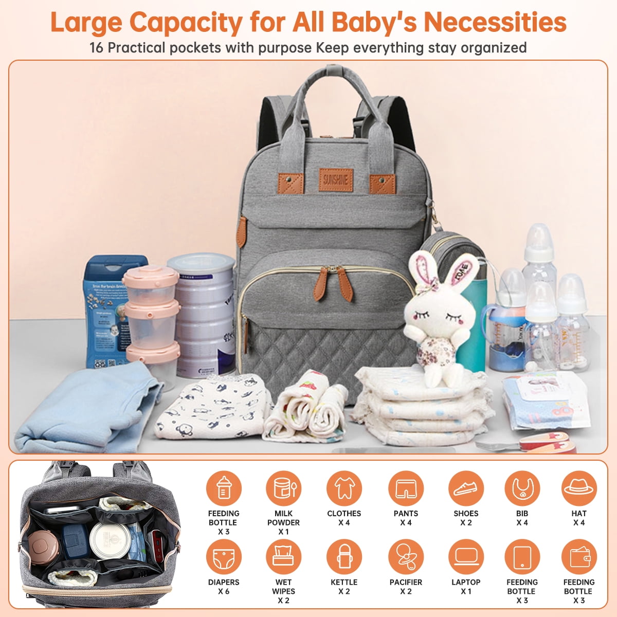 thumbnail image 2 of Diaper Bag Backpack, Multifunction Diaper Bag Backpack with Changing Station, USB Charging Port & Foldable Crib, Large Capacity Travel Backpack w/Sunshade&Pacifier Case&Stroller Straps(Grey), 2 of 7