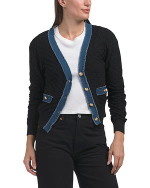 Pointelle Cardigan With Denim Trim