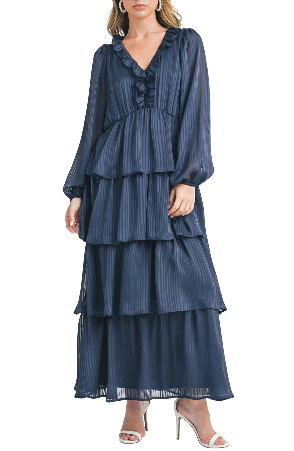 Lush Tiered Long Sleeve Maxi Dress, Main, color, Navy