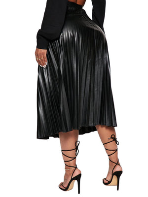 thumbnail image 4 of Women Faux Leather Midi Skirt, High Waist Solid Color Zip Up Pleated A-line Skirt Leather Flared Swing Maxi Skirt, 4 of 6