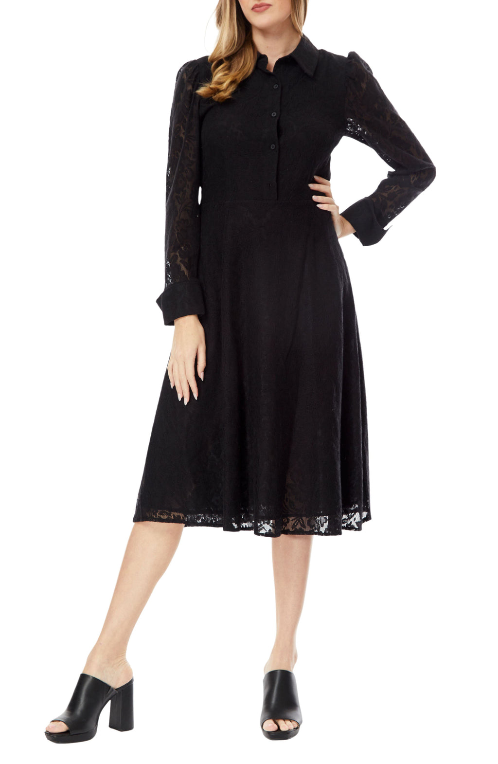 BY DESIGN Ellen Lace Long Sleeve Shirtdress, Main, color, Black