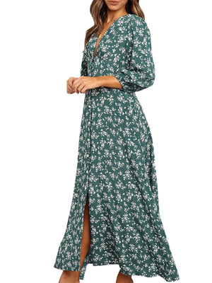 Womens Long Sleeve Bohemian Floral Maxi Dresses Loose Casual High Waist Boho Printed Maxi Dress Beach Party Dress - image 2 of 4