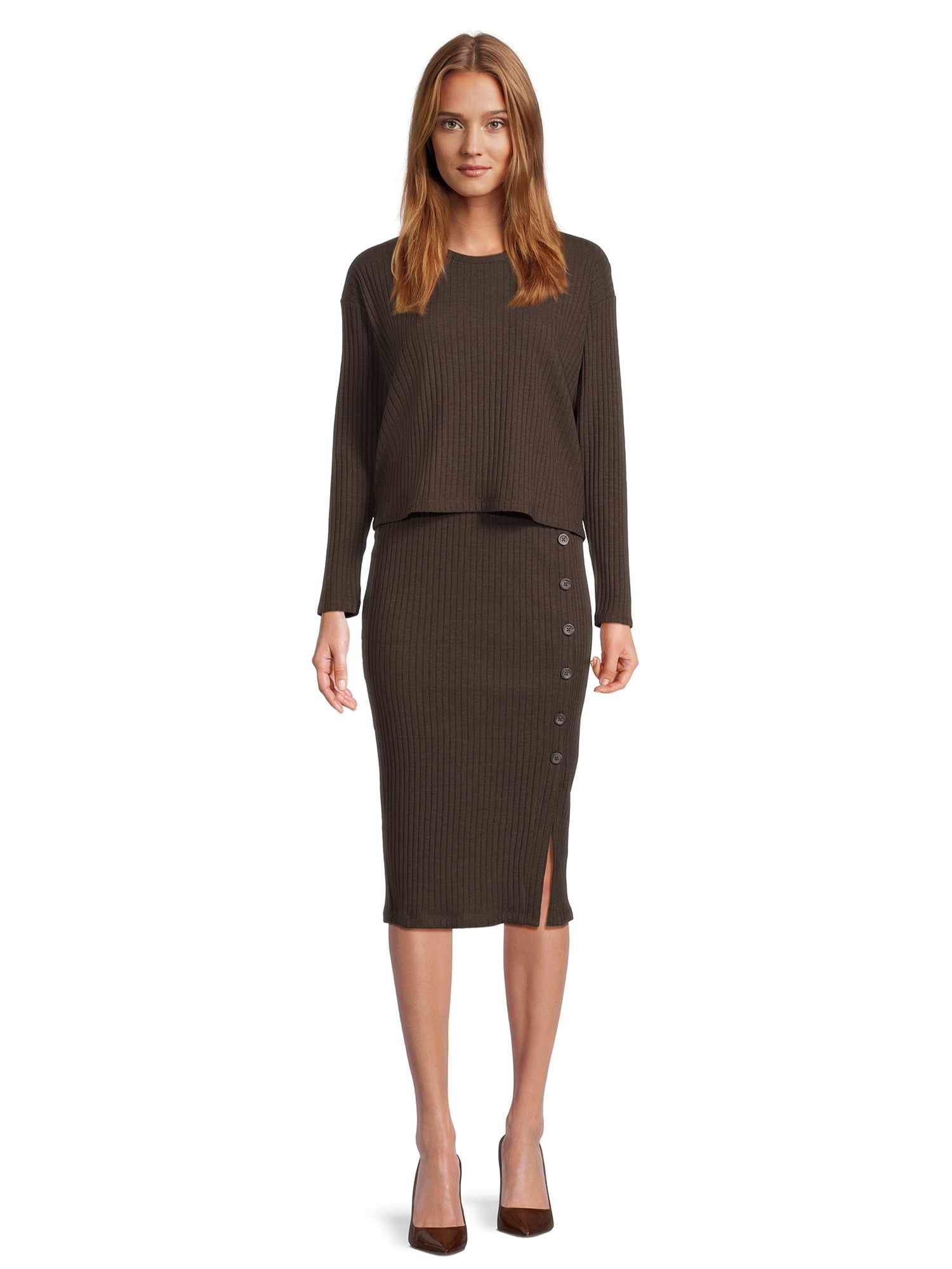 Time and Tru Women's Rib Knit Long Sleeve Top and Midi Skirt Set, 2-Piece , Sizes XS-XXL - image 3 of 6