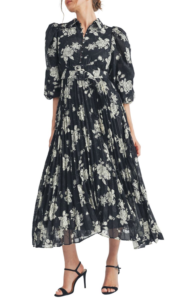 Mila Mae Floral Print Pleated Midi Dress