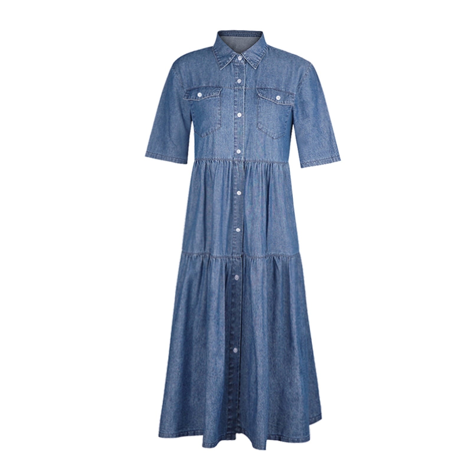 New Year's Deals!Tuscom Women's Dresses Summer Casual Multi-Button Denim Maxi Dress Lapel Short Sleeve Loose Long Jeans Dress with Pockets - image 3 of 4