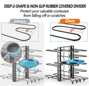 thumbnail image 3 of PHANCIR Pots and Pans Organizer Rack, 3 DIY Methods Adjustable 8-Tier Pot and Pan Rack, Metal Heavy Duty Organizer with Anti-slip Silicone Pad for Cabinet Kitchen Organization Storage, 3 of 9