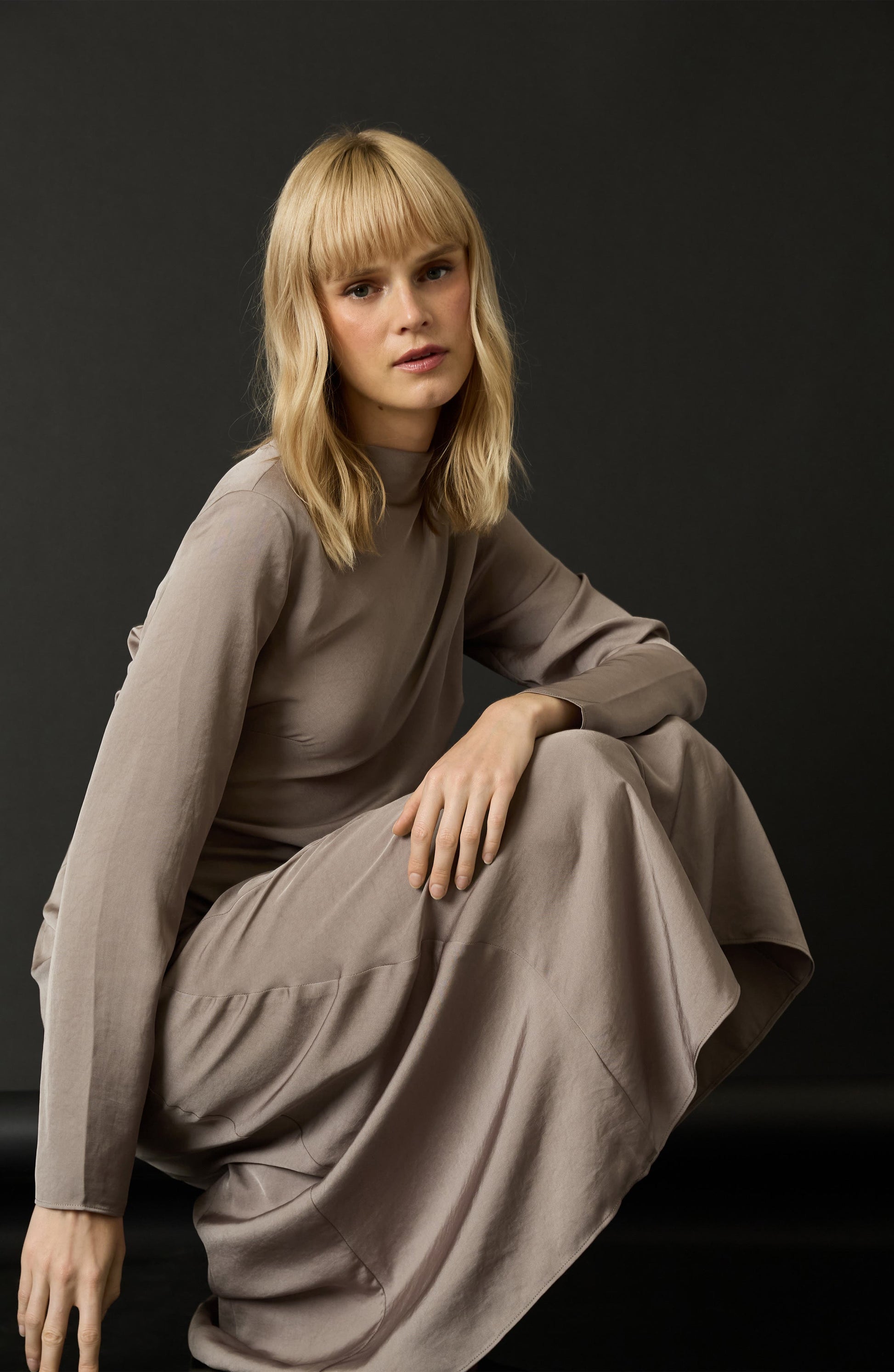 Luxely Funnel Neck Long Sleeve Midi Dress, Alternate, color, Taupe Gray