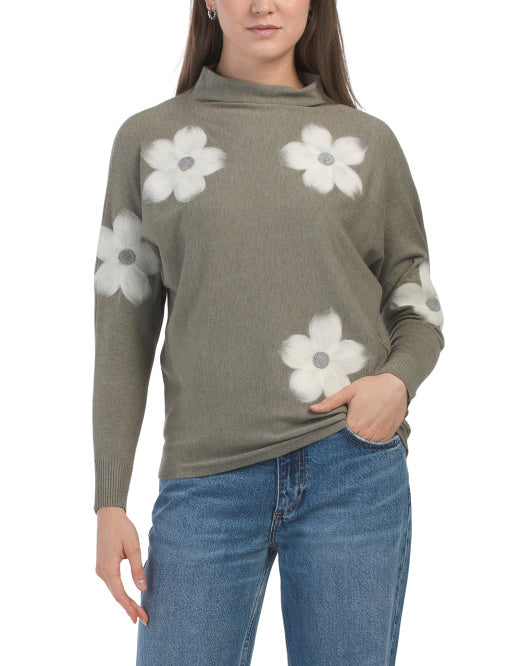 Floral Embroidered Dolman Sleeve Mock Neck Pullover Sweater