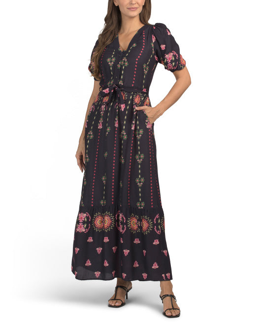 CELINA MOON Short Sleeve Printed Maxi Dress With Belt