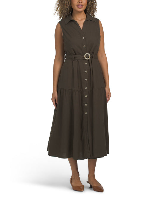 NICOLE MILLER Linen Blend Belted Jade Maxi Dress