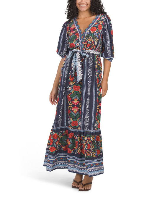 CELINA MOON Short Sleeve Floral Maxi Dress With Belt