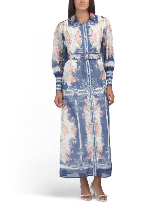 DALIA MACPHEE Long Sleeve Placed Print Maxi Dress