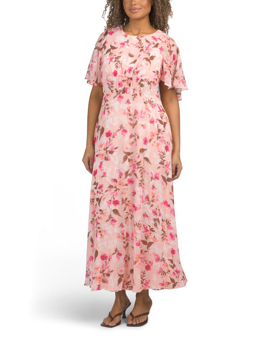 CALVIN KLEIN Chiffon Flutter Sleeve Maxi Dress