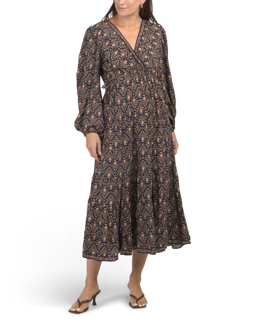 MAX STUDIO Three-quarter Sleeve V-neck Midi Dress