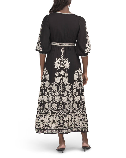 MAX STUDIO Three-quarter Sleeve Placed Printed Maxi Dress