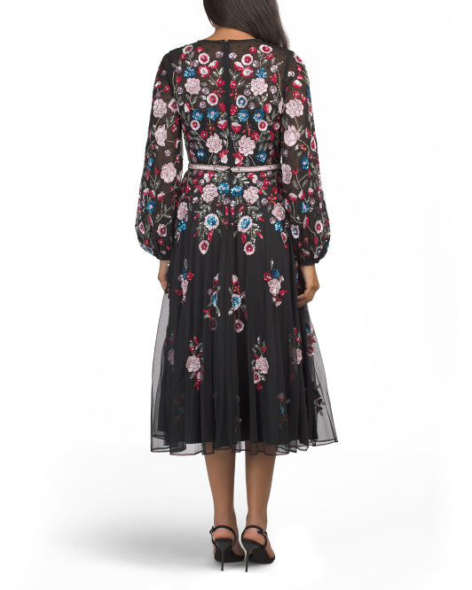 MAC DUGGAL Long Sleeve 3d Embellished Maxi Dress
