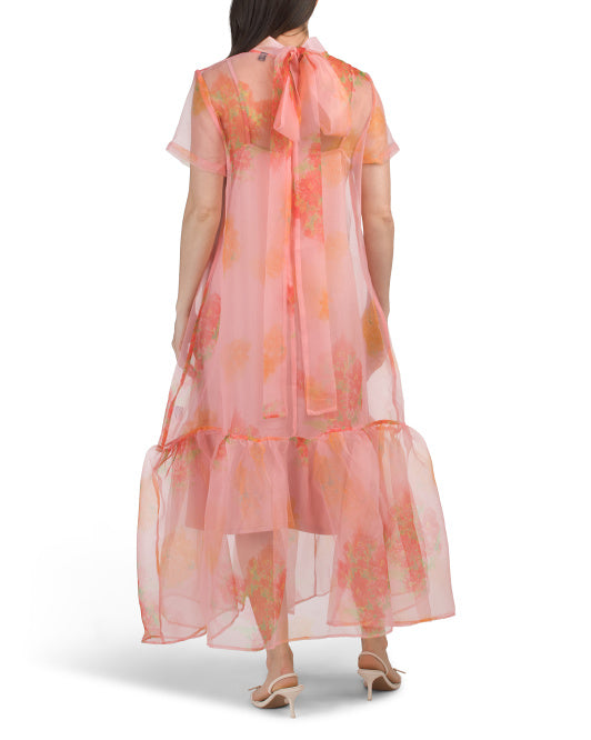 NANCY YANG Airy Sheer Bubble Sleeve Maxi Dress