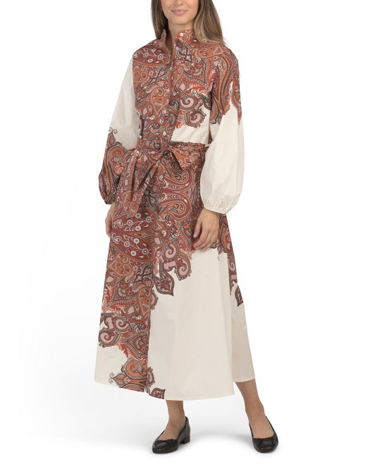 LE RAGAZZE Made In Italy Long Sleeve Bandana Print Maxi Shirt Dress