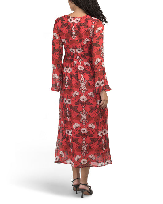 BEYOND BY VERA Long Sleeve Velvet Bow Front Maxi Dress