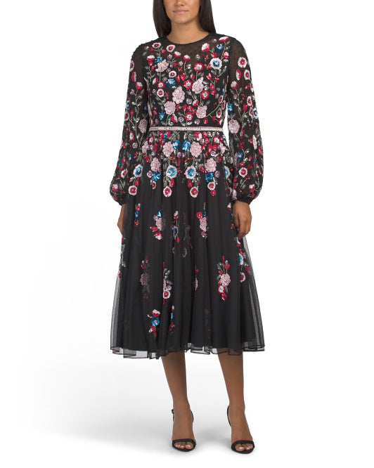 MAC DUGGAL Long Sleeve 3d Embellished Maxi Dress