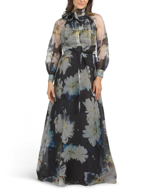 TERI JON Silk Organza Floral Printed Ruffle Neck Gown