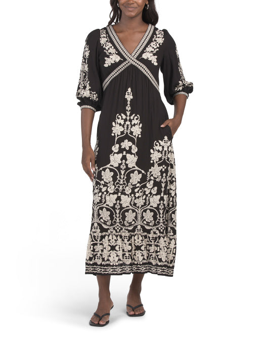 MAX STUDIO Three-quarter Sleeve Placed Printed Maxi Dress