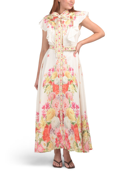 DALIA MACPHEE Ruffle Sleeve Floral Maxi Dress With Belt