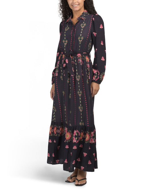 CELINA MOON Long Sleeve Floral Maxi Dress With Belt