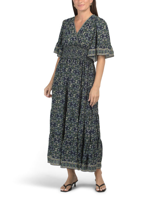 NEW MAX STUDIO LONDON Smocked Waist Surplice Maxi Dress