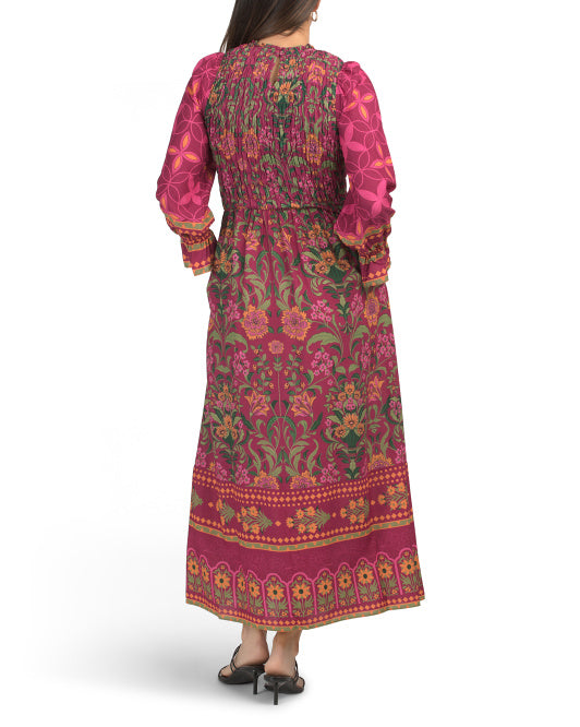 CELINA MOON Long Sleeve Smocked Bodice Maxi Dress