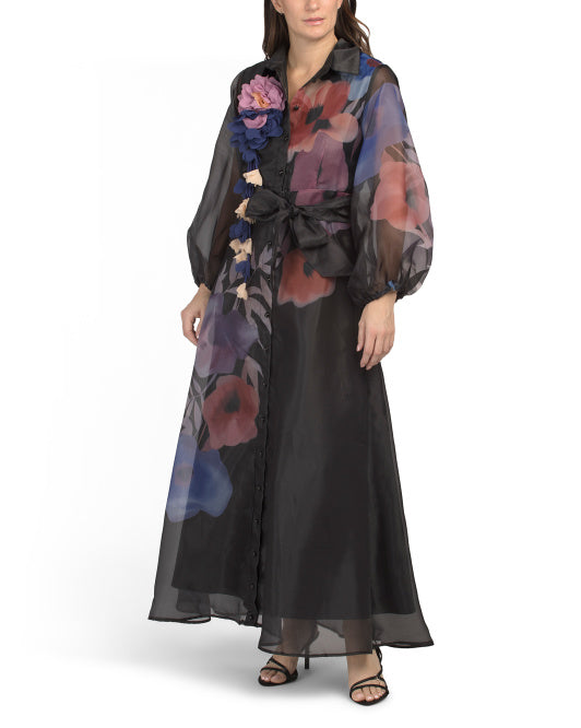 DALIA MACPHEE Balloon Sleeve Floral Print And Applique Dress