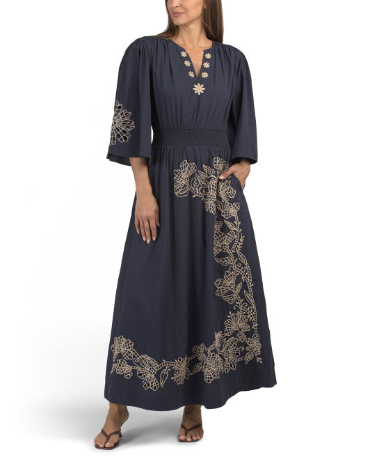 SOLITAIRE Three-quarter Sleeve Floral Embroidered Cutout Dress