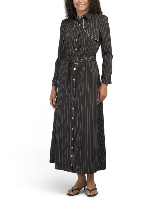 DALIA MACPHEE Pinstripe Long Sleeve Maxi Dress With Belt