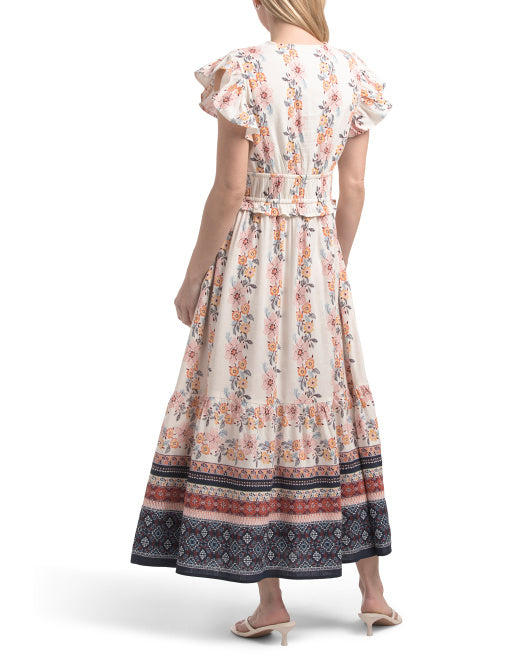 LEA Linen Blend Floral Maxi Dress With Striped Border