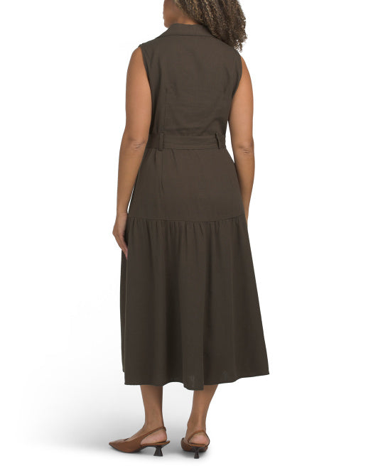 NICOLE MILLER Linen Blend Belted Jade Maxi Dress