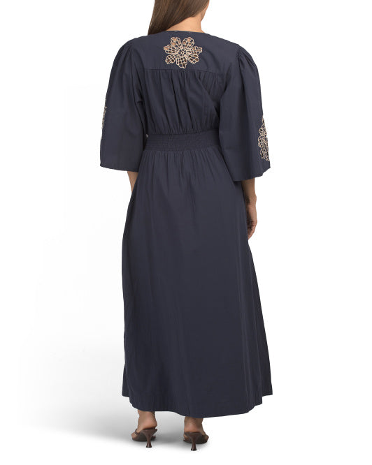 SOLITAIRE Three-quarter Sleeve Floral Embroidered Cutout Dress