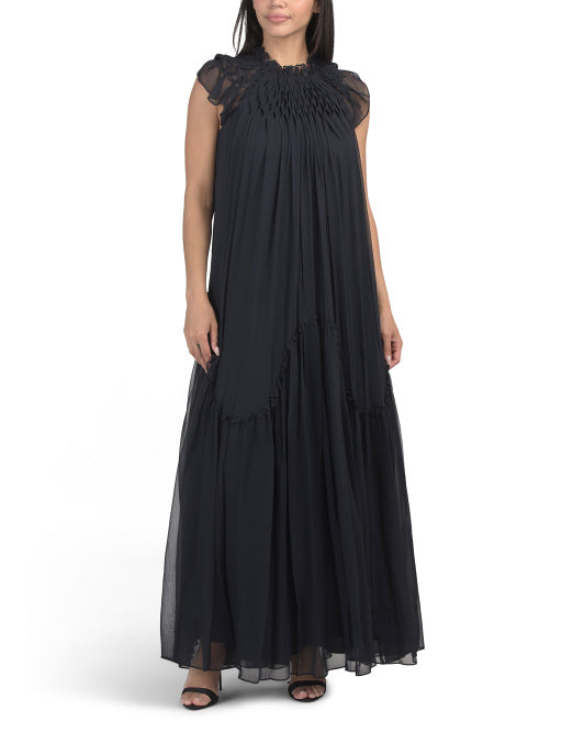 REBECCA TAYLOR Silk Smocked Chiffon Maxi Dress