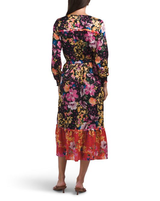T TAHARI Long Sleeve V-neck Maxi Dress