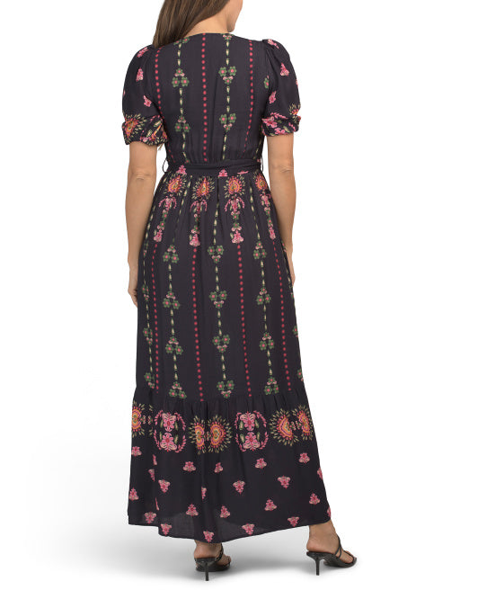 CELINA MOON Short Sleeve Printed Maxi Dress With Belt