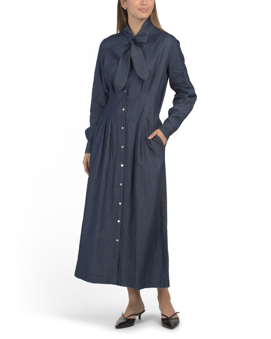 LINEA MODA Long Sleeve Tie Neck Denim Maxi Dress With Pleated Waist