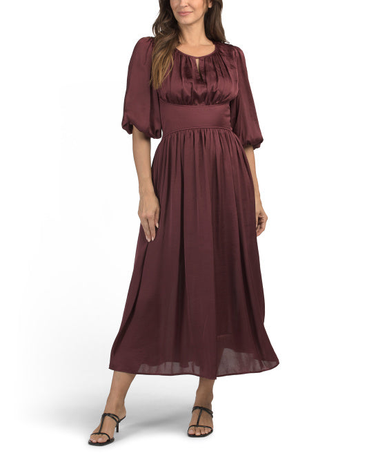 MAX STUDIO Three-quarter Sleeve Drapey Satin Maxi Dress