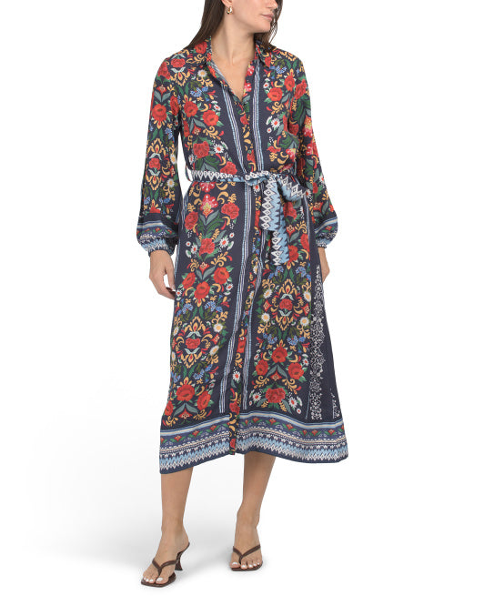 CELINA MOON Long Sleeve Floral Print Shirt Dress With Tie Belt