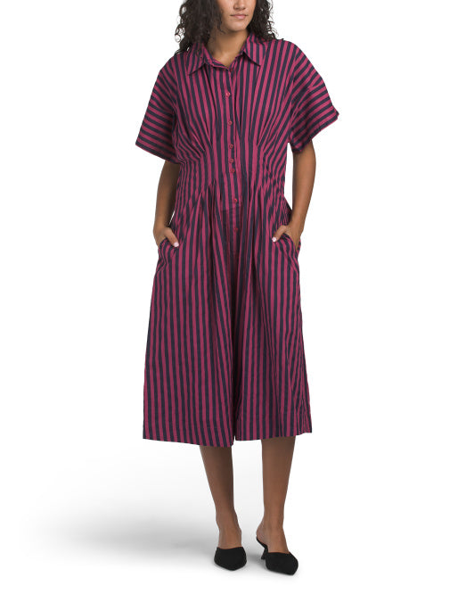 LEA Short Sleeve Pleated Waist Striped Midi Dress