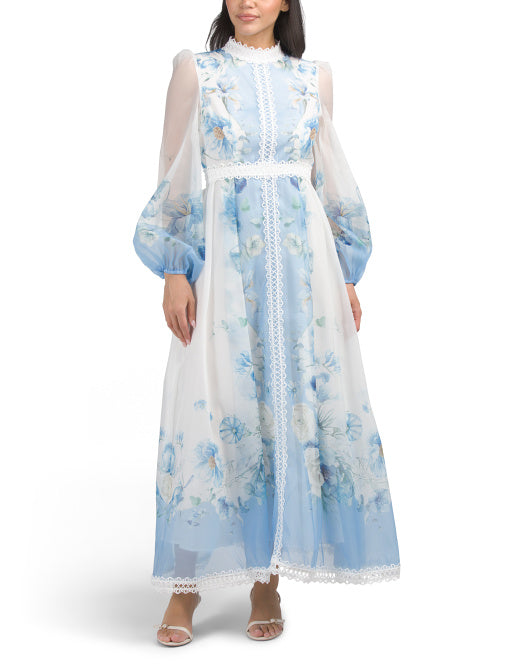 DALIA MACPHEE Balloon Sleeve Color Block Floral Maxi Dress With Lace Trim