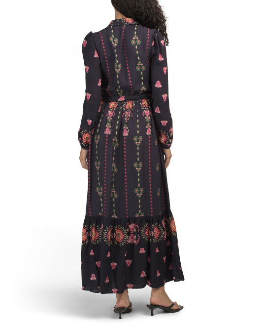 CELINA MOON Long Sleeve Floral Maxi Dress With Belt