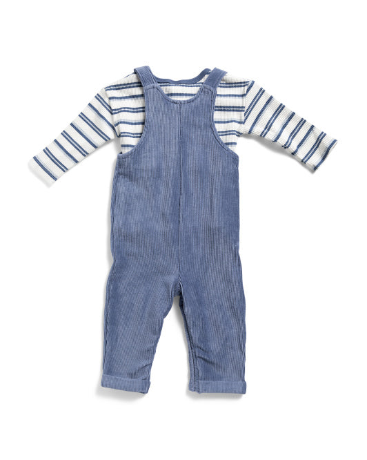 PETIT LEM BABY Infant Boys 2pc Striped Henley Neck Top And Overalls Set