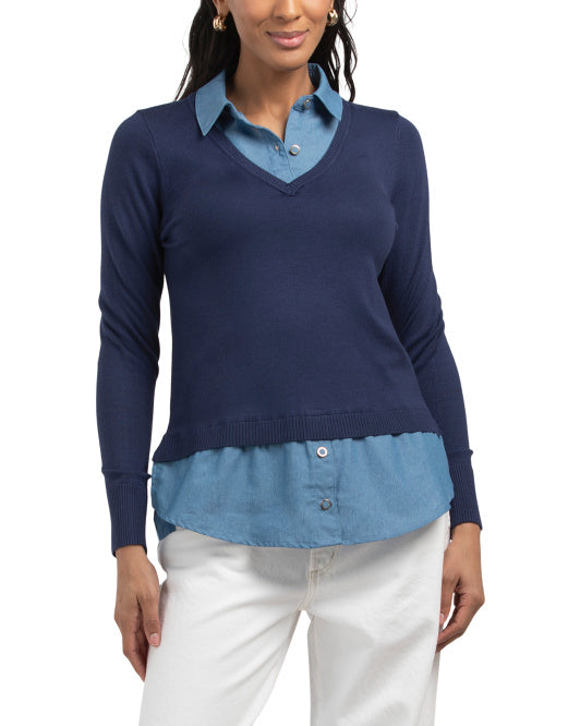 RIO & RIAN Shirt Collar Long Sleeve Twofer Sweater