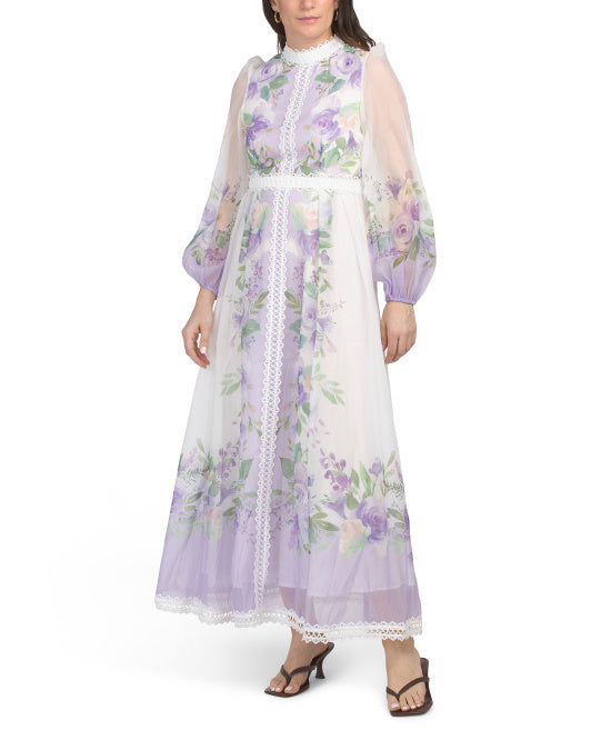 DALIA MACPHEE Balloon Sleeve Color Block Floral Maxi Dress With Lace Trim