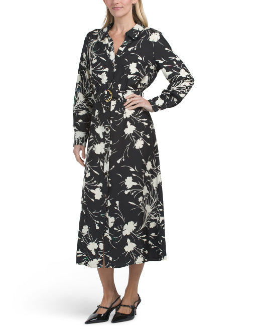 ELLEN TRACY Button Front Long Sleeve Midi Dress