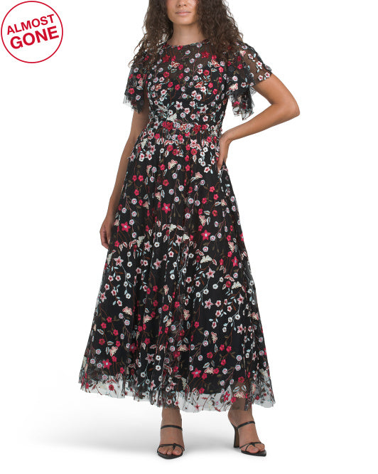 MAC DUGGAL Flutter Sleeve Embroidered Tea-length Dress